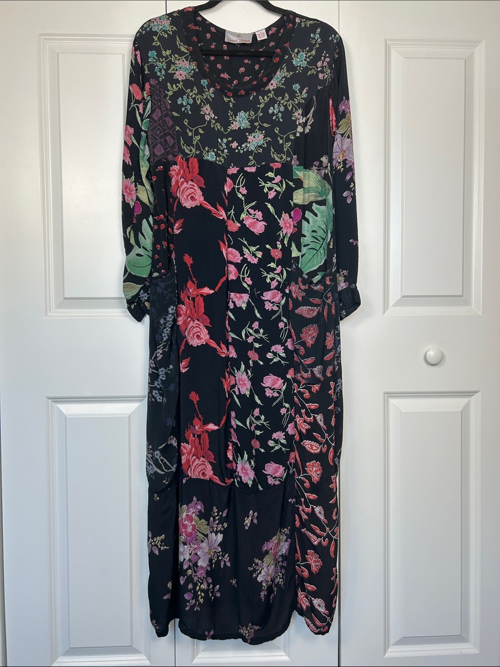 Sacred Threads Black Floral Maxi Dress with Pink, Green & Purple Blooms Size M